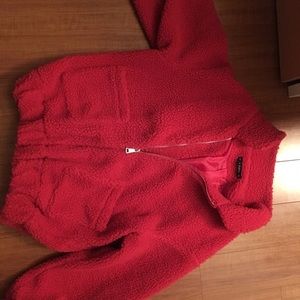 Red fluffy teddy jacket size small NWOT
